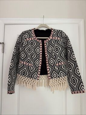 Tularosa Black & Cream Geometric Fringe Jacket with Pink Trim